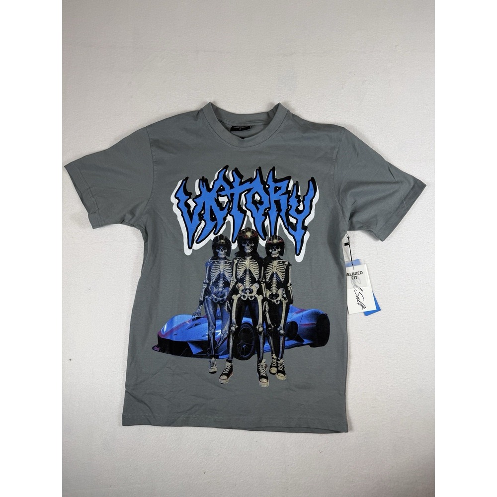 Rock Salt Victory Skeleton Graphic T Shirt NWT Size M Grey World Tour Back Print